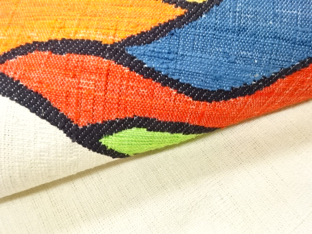  手織り真綿紬抽象模様織出し名古屋帯